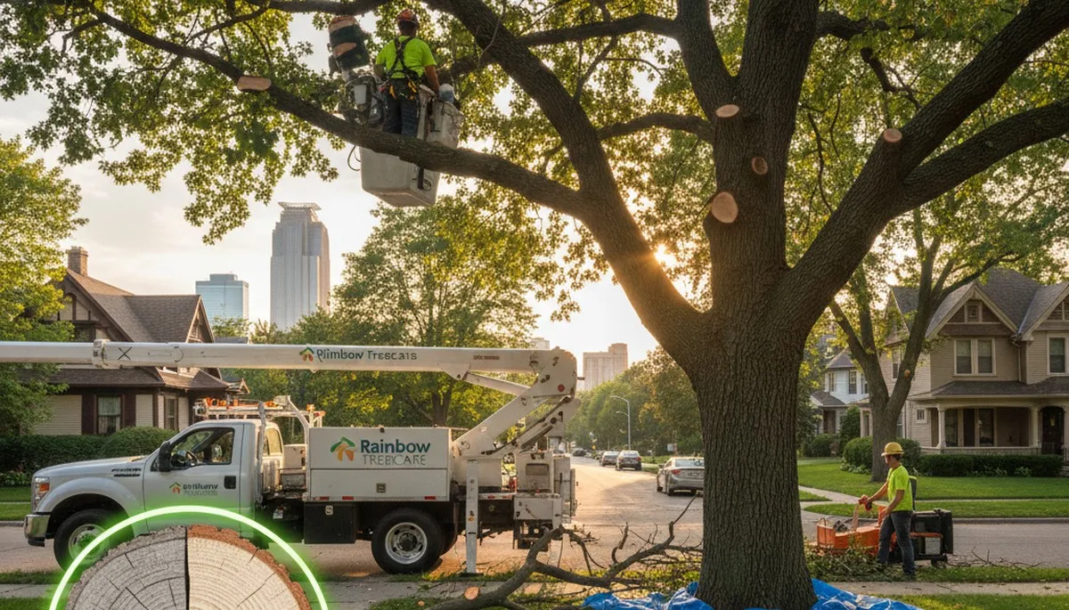 Arborist removing dead branches from mature tree with safety gear in Minneapolis, MN