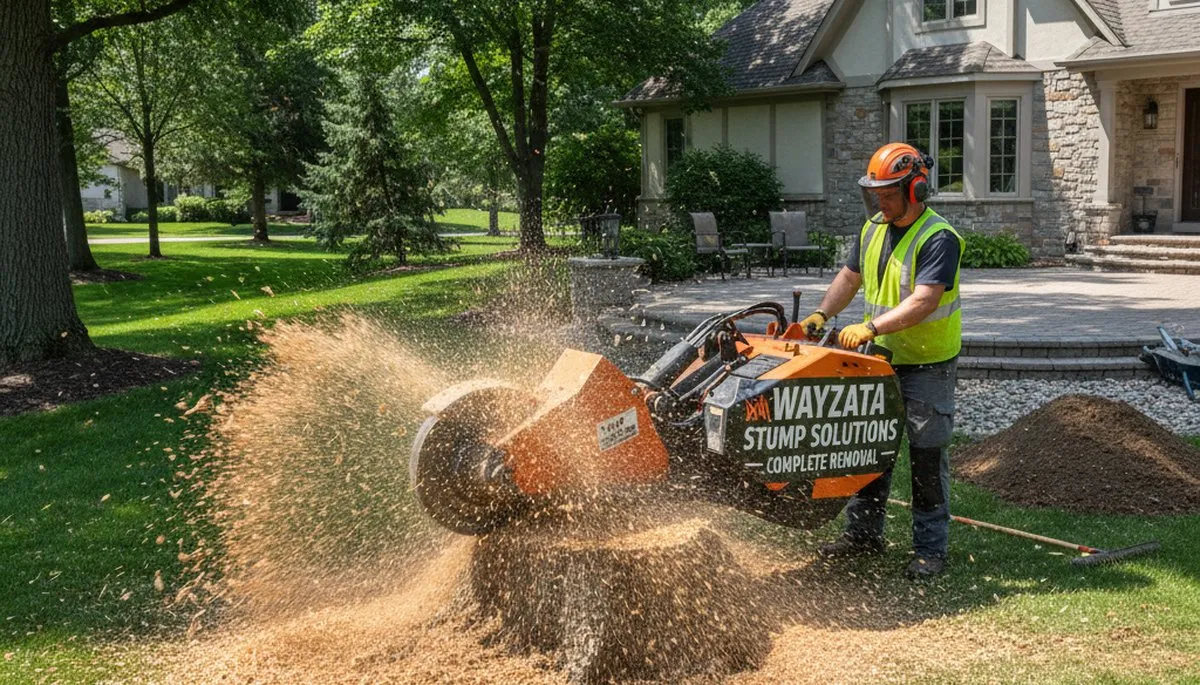 Professional stump grinding service removing tree stumps in Wayzata, Minneapolis, MN yard