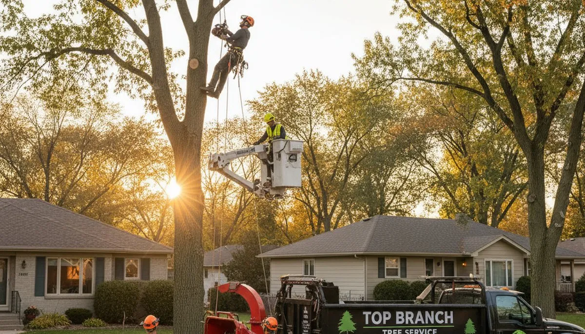 Professional tree removal service in Minneapolis MN safely clearing large oak tree in residential yard