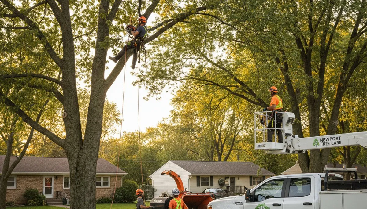 Professional tree removal service in Minneapolis MN safely cutting large oak tree